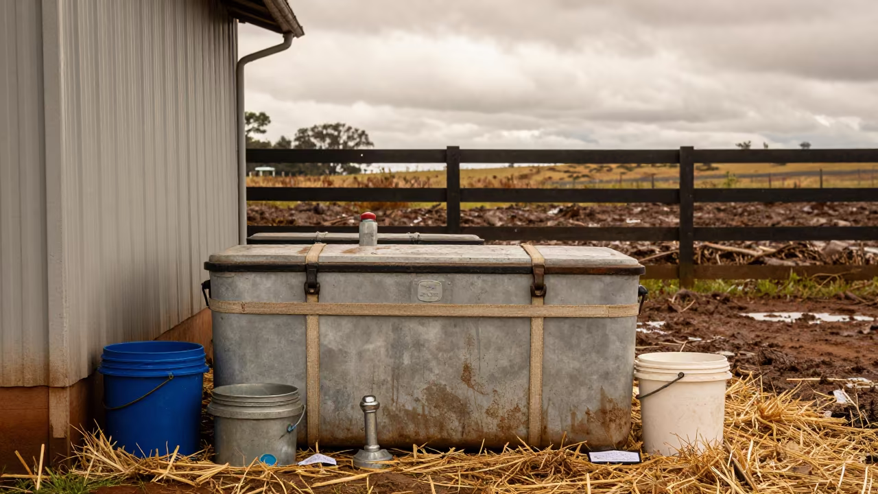 Manure Lagoon Sample Cooler in Autumn Rain in along a muddy paddock fence in Rio Grande do Sul