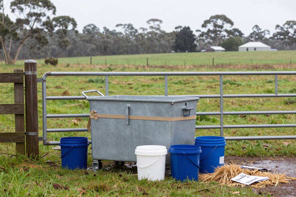 Manure Lagoon Sample Cooler in Victoria Rain in beside a pasture gate in Victoria