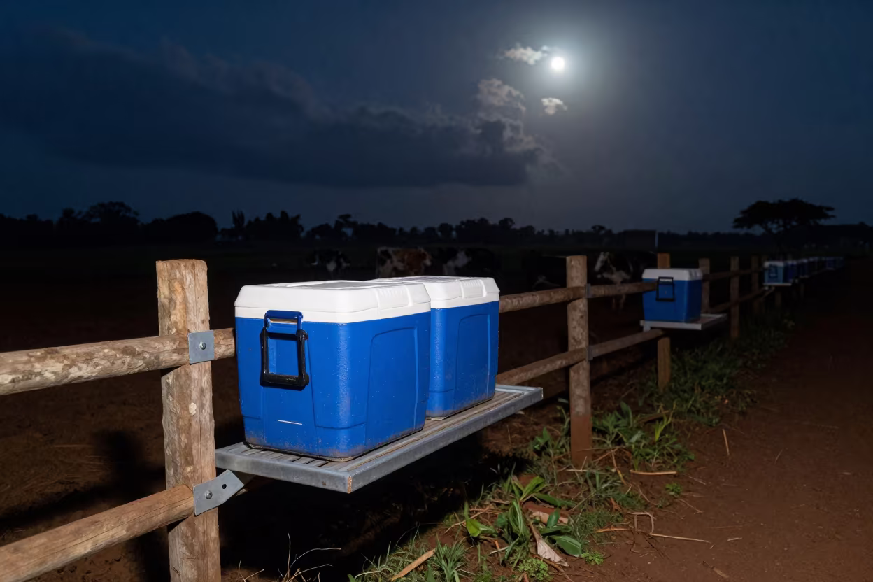 Manure Sample Cooler on Muddy Nigerian Fence in along a muddy paddock fence in Nigeria