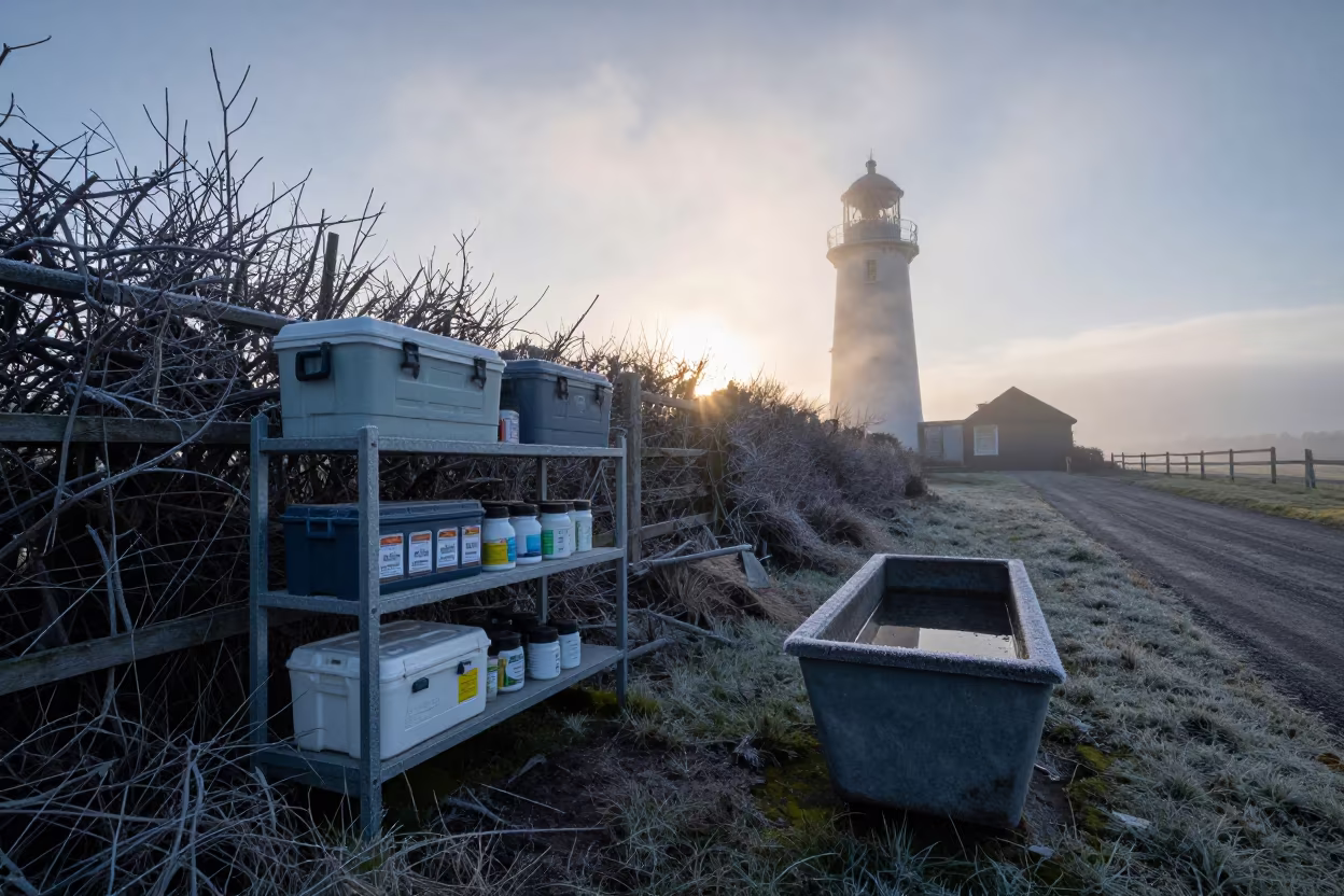Manure Sample Cooler in Winter Dawn Light in near a windbreak and water trough in Ireland