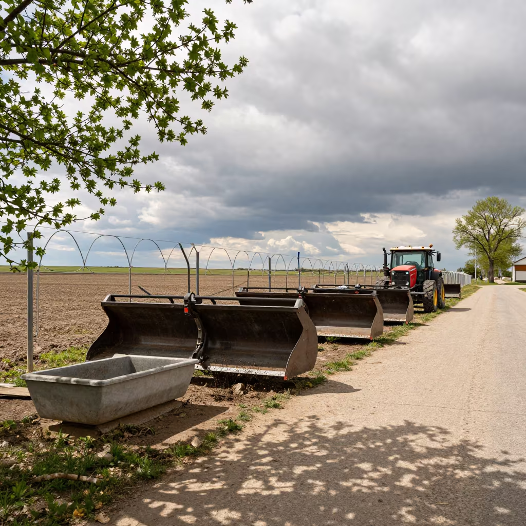 Manure Scrapers Parked Near Windbreak in Alberta in near a windbreak and water trough in Alberta