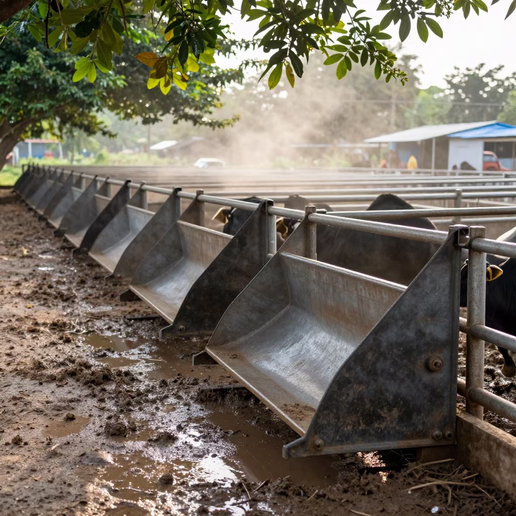 Manure Scrapers in Thai Rainy Season Paddock in along a muddy paddock fence in Thailand