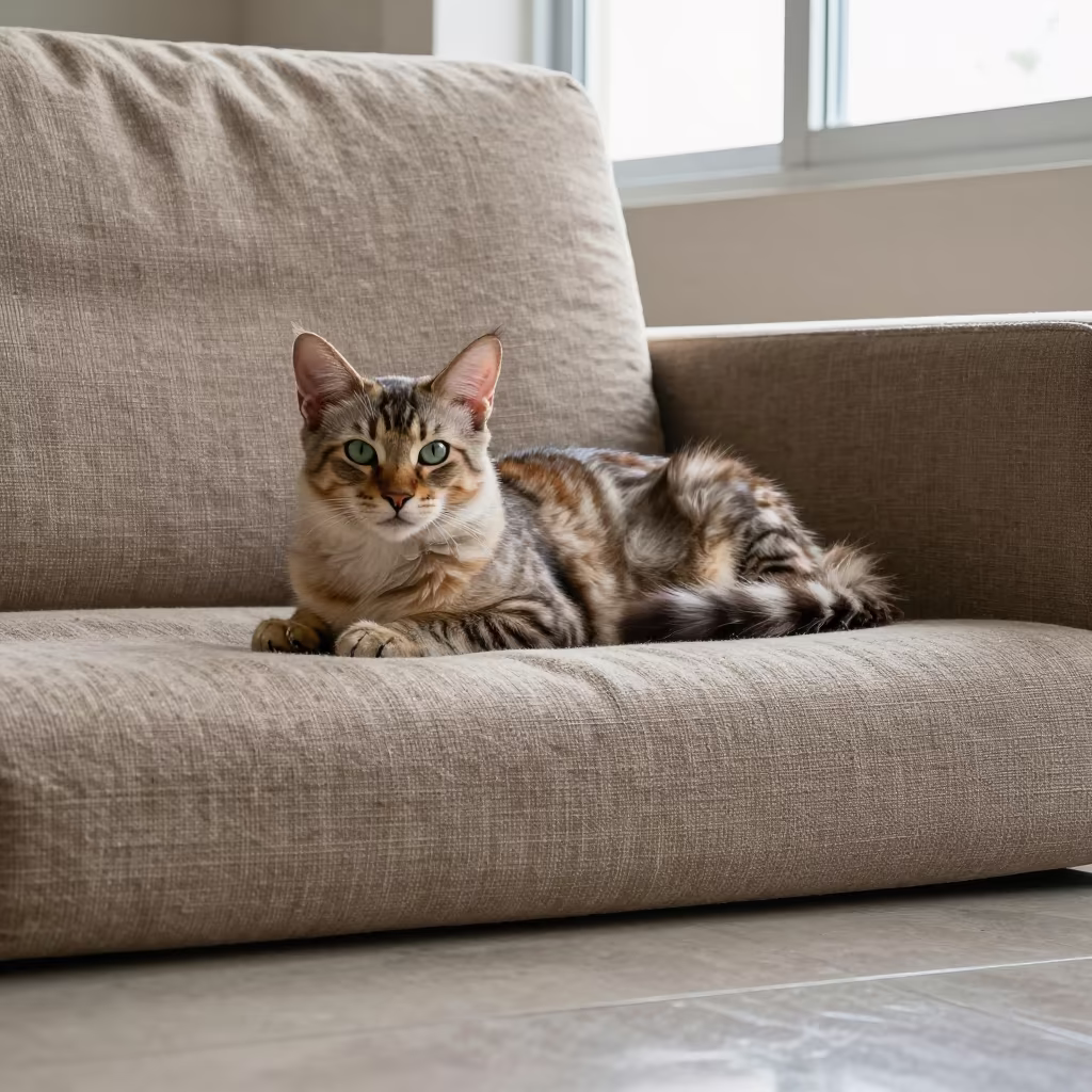Manx Cat Lounging on Linen Sofa in on a linen sofa with daylight from a nearby window near Korhogo