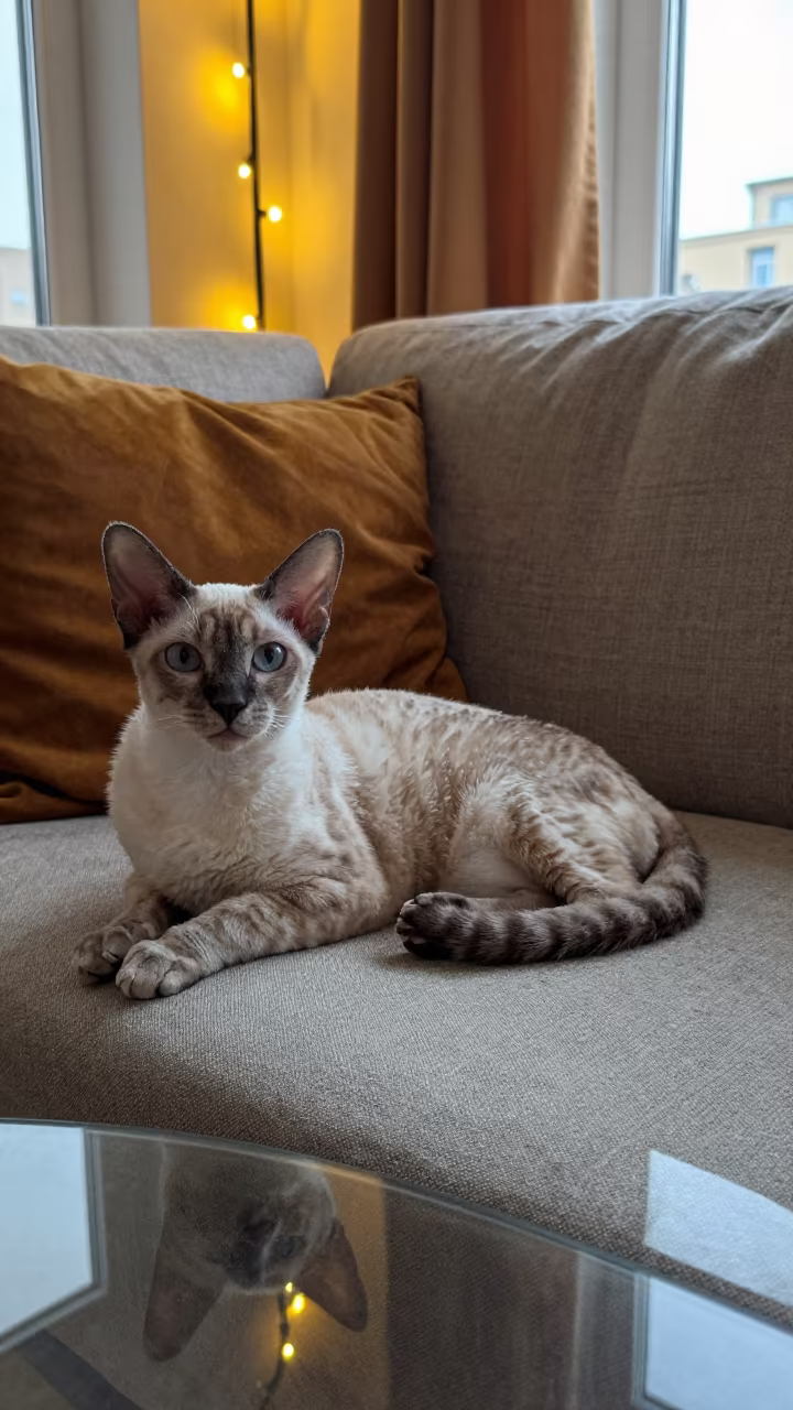Manx Cat on Linen Sofa in Termez Evening Light in on a linen sofa with daylight from a nearby window near Termez