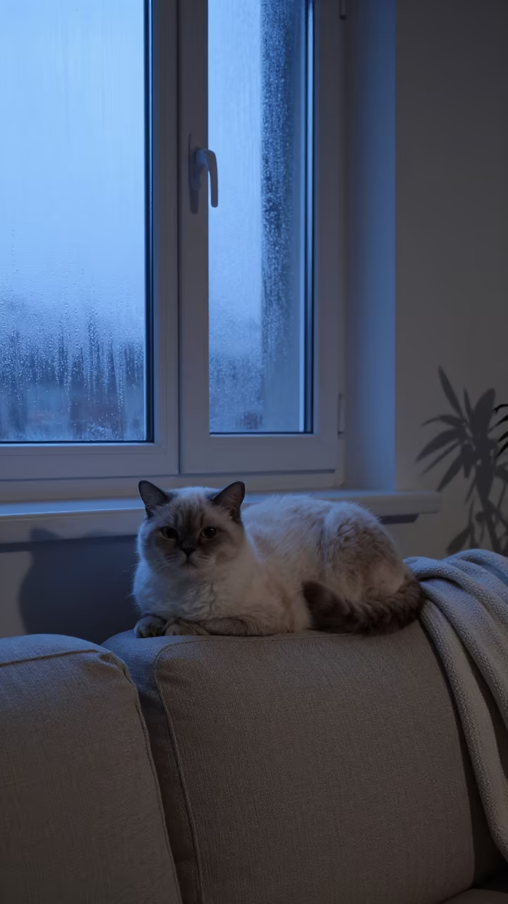 Manx Cat on Linen Sofa in Twilight in on a linen sofa with daylight from a nearby window in Rybnik