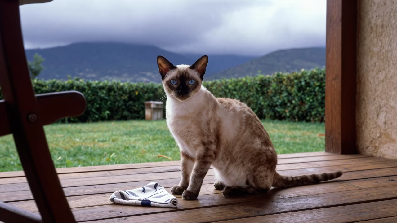 Manx Cat on Shaded Porch in Guadalajara Yard in in a small yard with clipped grass, calm light, and the animal centered in frame near Guadalajara