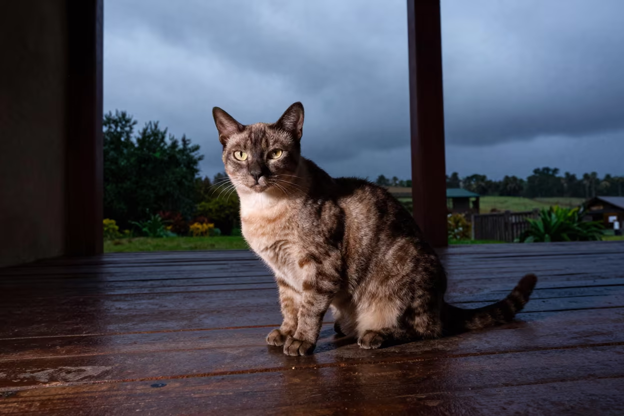 Manx Cat on Shaded Porch in Monsoon Banos in near a garden edge with soft morning light and an uncluttered background in Banos