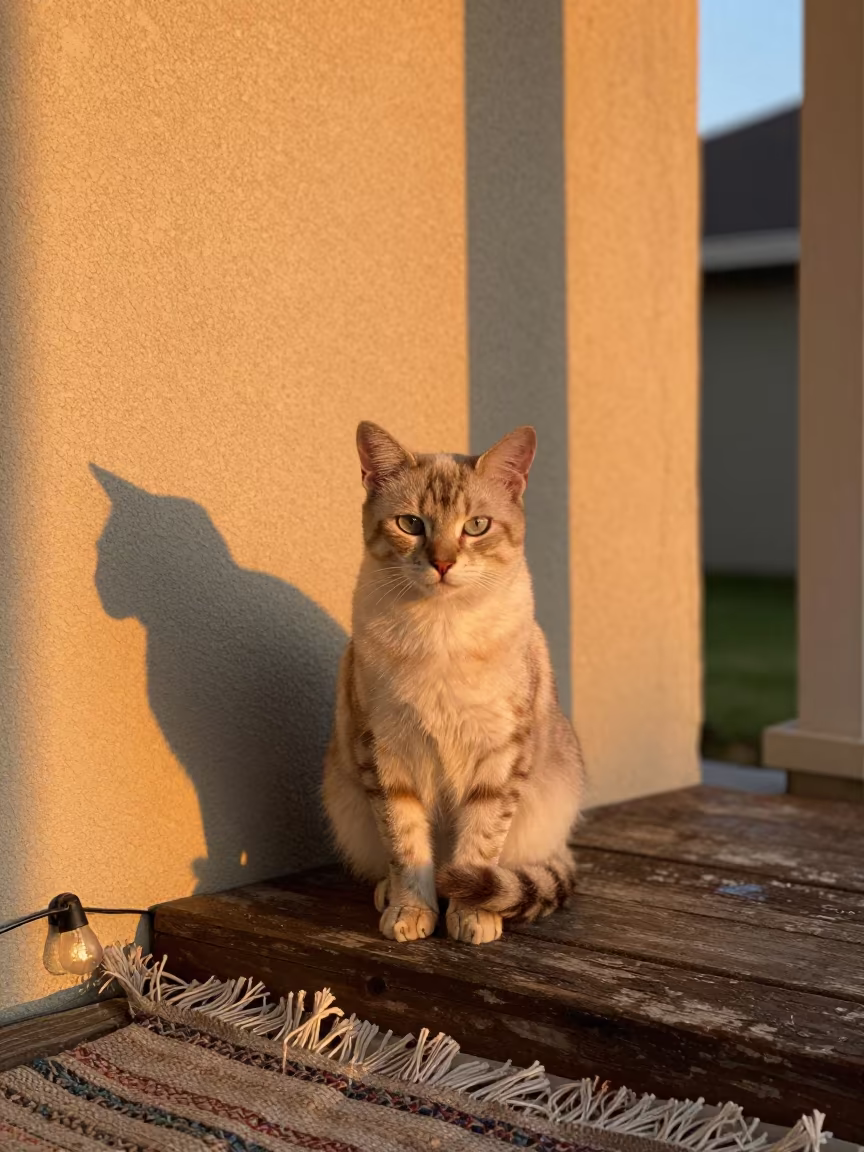 Manx Cat on Shaded Porch in San Jose Evening Light in beside a plain courtyard wall in clear daylight with the animal at eye level in San Jose
