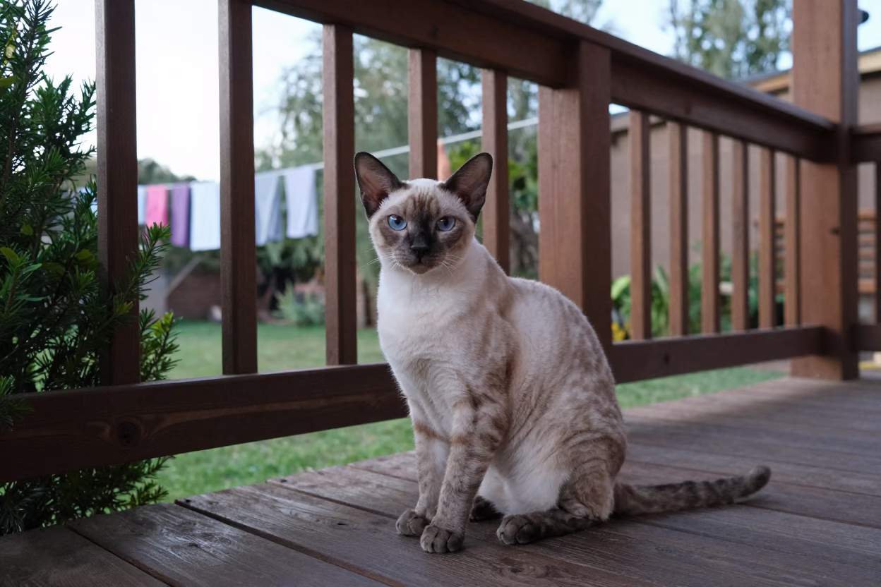 Manx Cat on Windhoek Porch Morning Light in near a garden edge with soft morning light and an uncluttered background in Windhoek