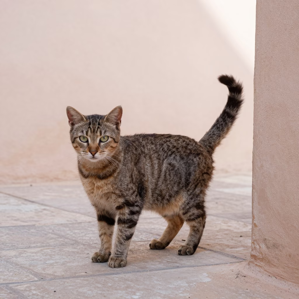 Manx Cat Portrait by Courtyard Wall in Marrakech in beside a plain courtyard wall in clear daylight with the animal at eye level near Mouassine, Marrakech
