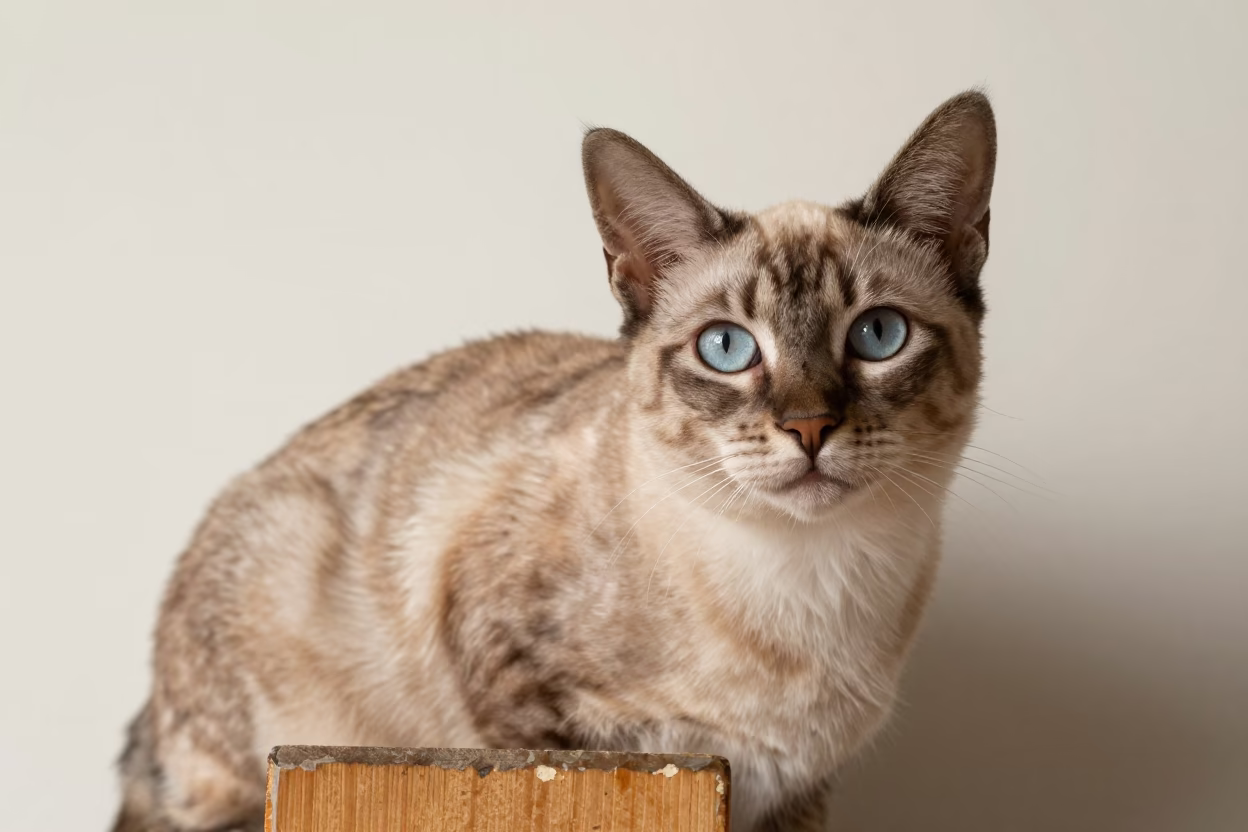 Manx Cat Portrait in El Rosario Studio in in a quiet portrait studio with a plain backdrop and eye-level framing in El Rosario de Soapire