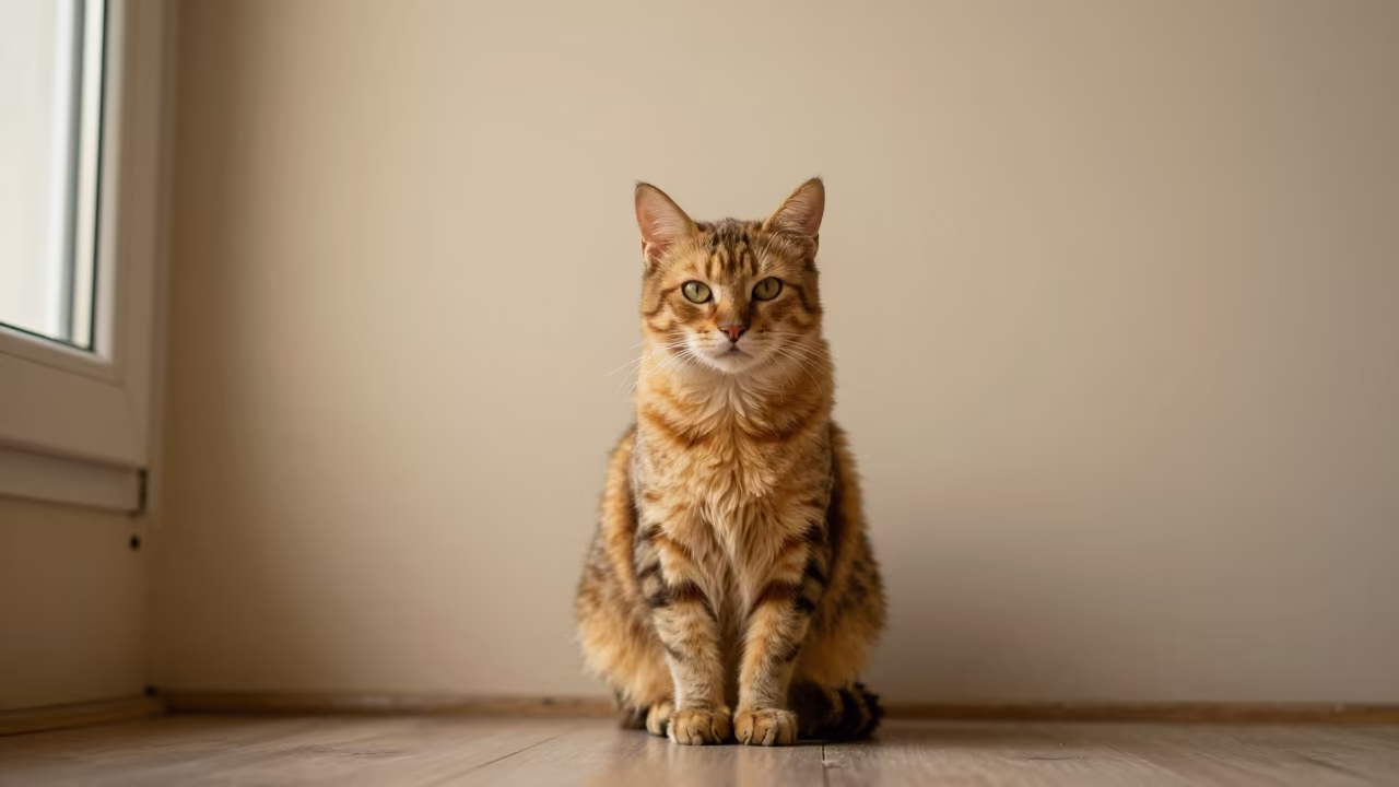 Manx Cat Portrait Near Tehran in Window Light in beside a plain plaster wall in soft indoor light with the animal centered in frame near Tehran