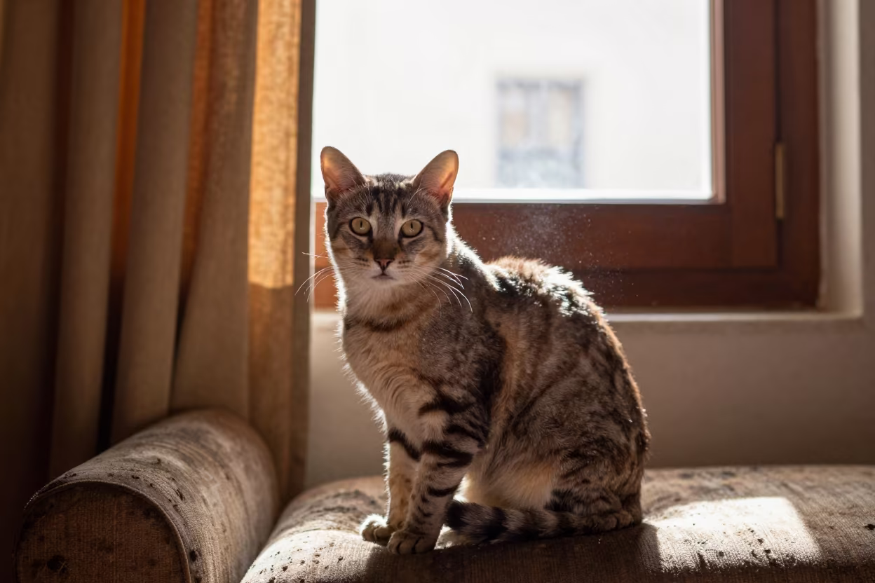 Manx Cat Portrait on Sofa in Tétouan Late Autumn in on a sofa near a curtained window with calm indoor light in Tétouan
