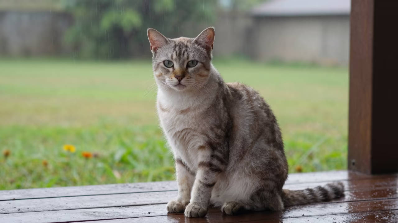 Manx Cat Resting on Dakar Porch at Dusk in in a small yard with clipped grass, calm light, and the animal centered in frame in Dakar