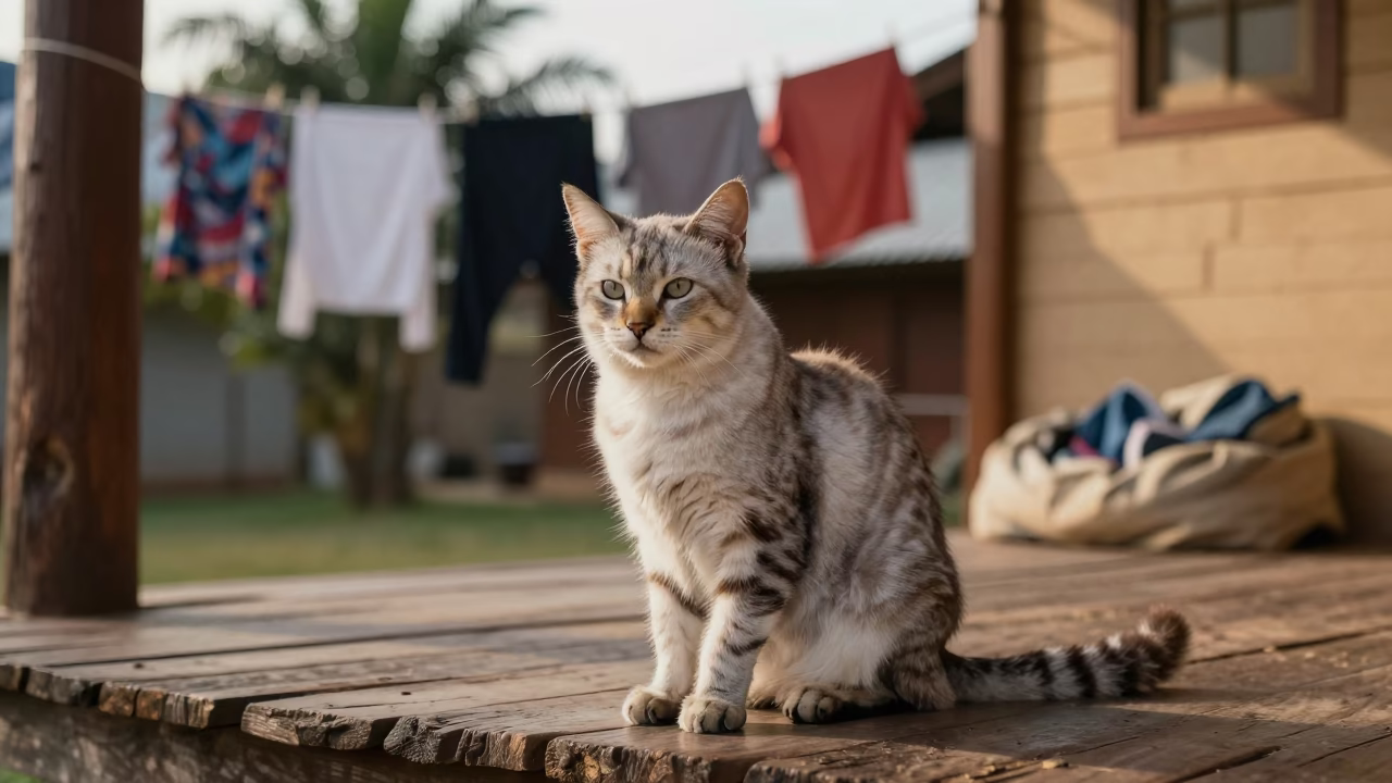 Manx Cat Resting on Labé Porch with Laundry Line in along a quiet park path with soft open shade and a clean background in Labé