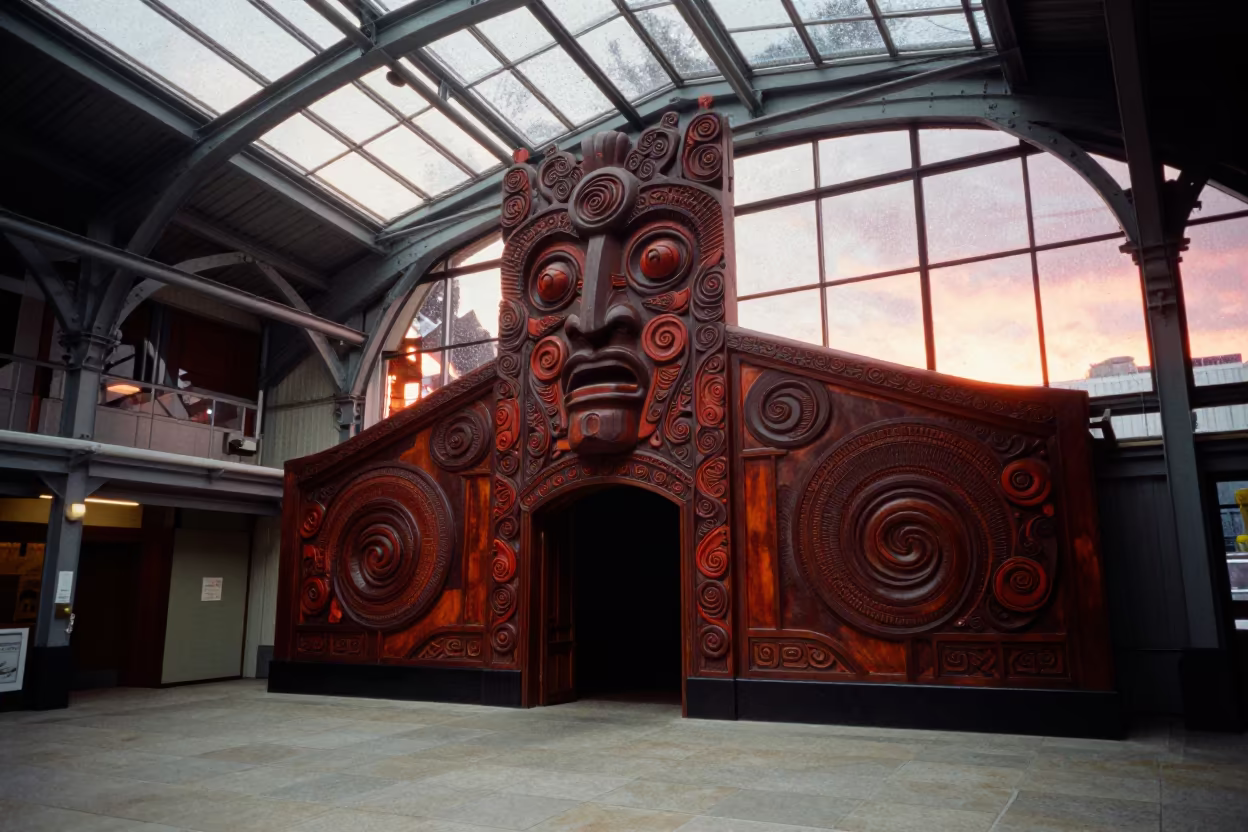 Maori Carved Entrance in Restored Train Terminal in inside a restored train terminal near Wellington