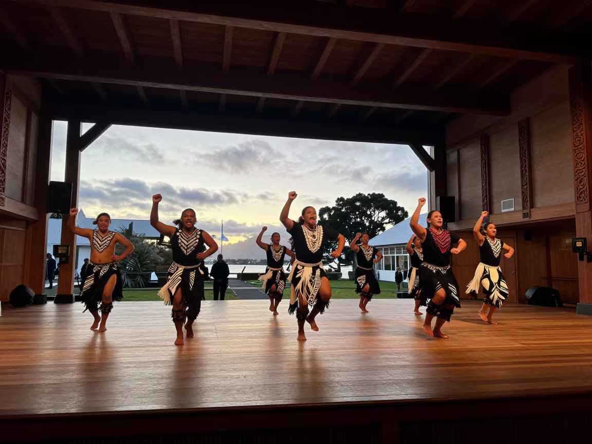 Maori Haka Dancers in Auckland Prayer Hall at Dawn in in a prayer hall in Auckland