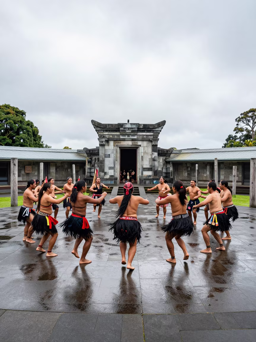 Maori Haka Dancers in Auckland Temple Courtyard in in a temple courtyard in Auckland