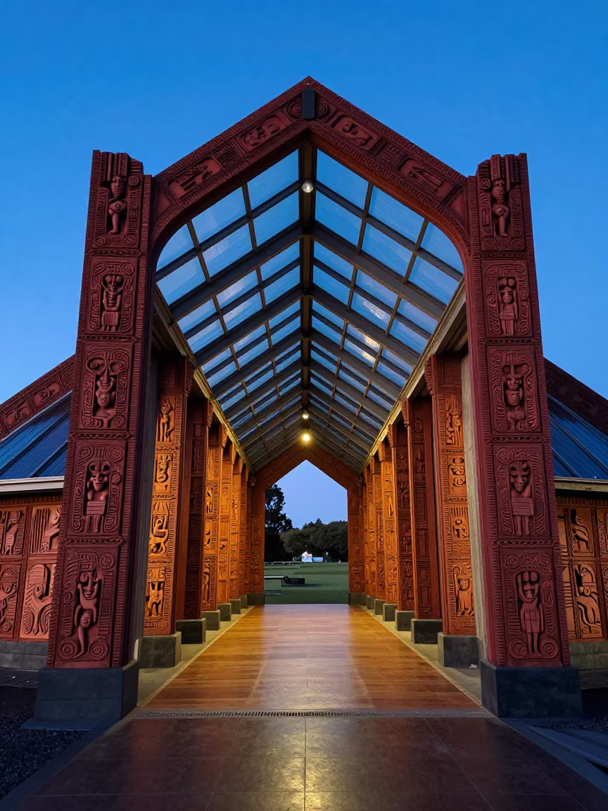 Maori Meeting House Carvings in Blue Hour Arcade in inside a glass-roofed arcade near Rotorua