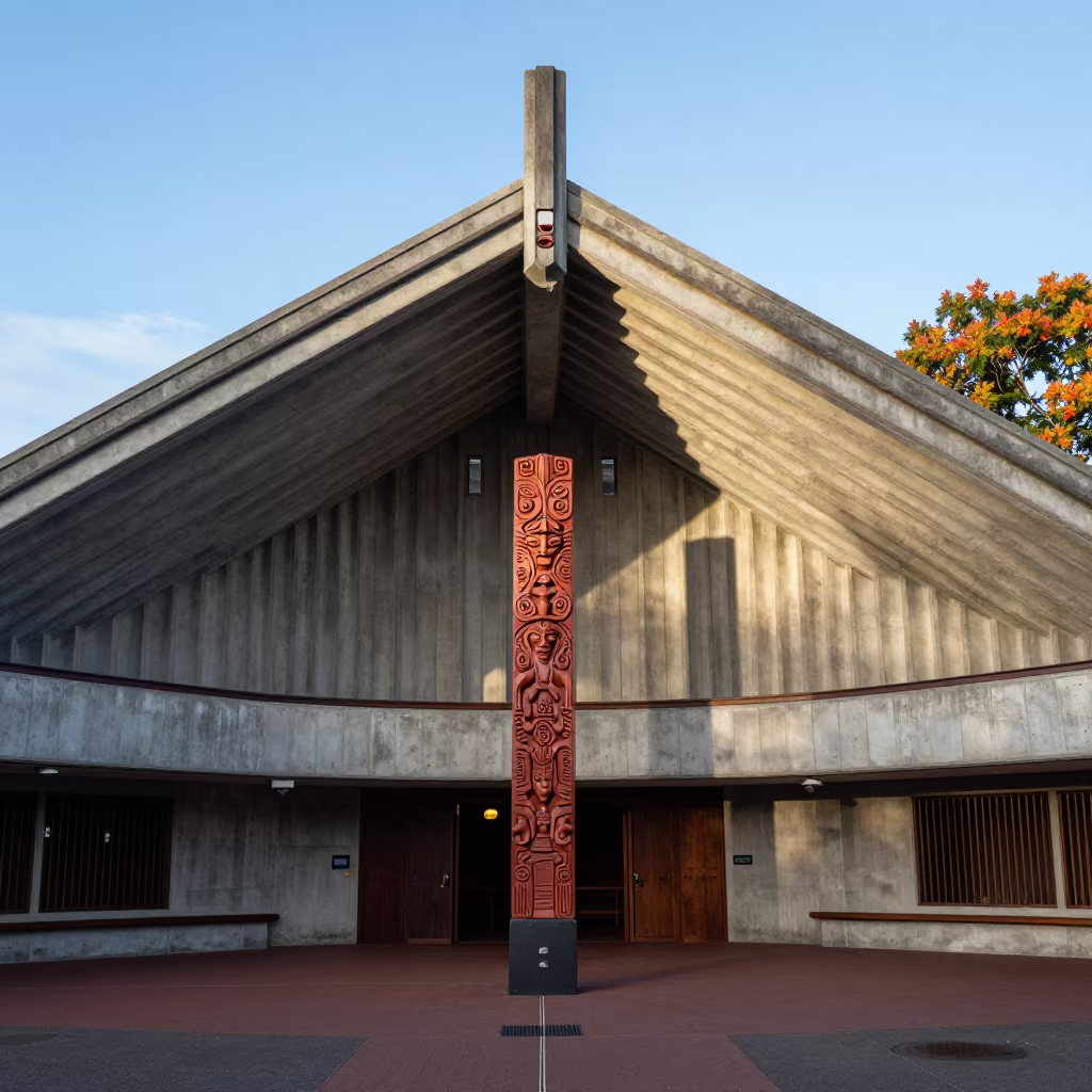 Maori Meeting House Carvings in Concrete Lobby in inside a ribbed concrete lobby near Auckland