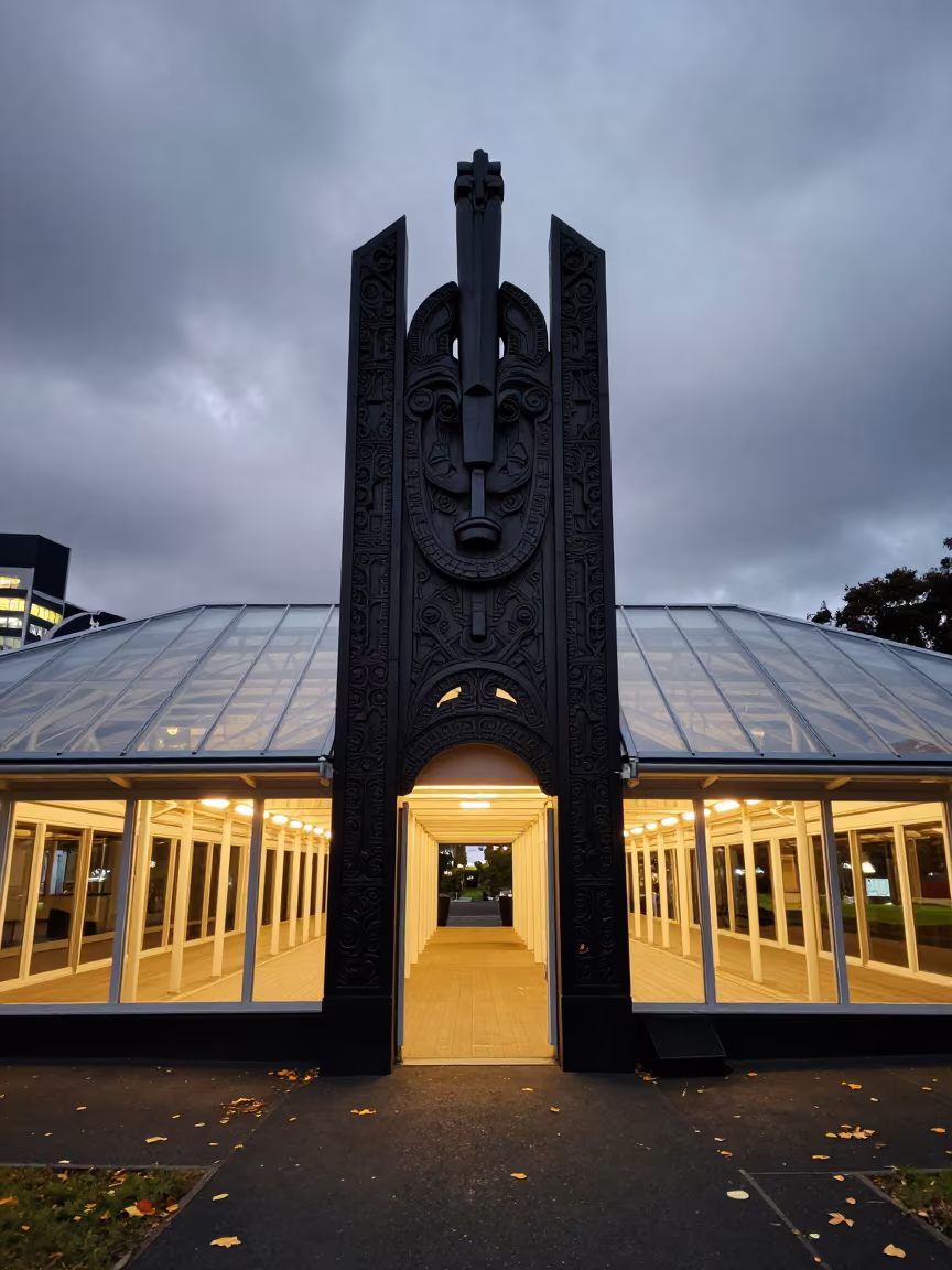 Maori Meeting House Entrance Under Autumn Sky in inside a glass-roofed arcade near Wynyard Quarter, Auckland