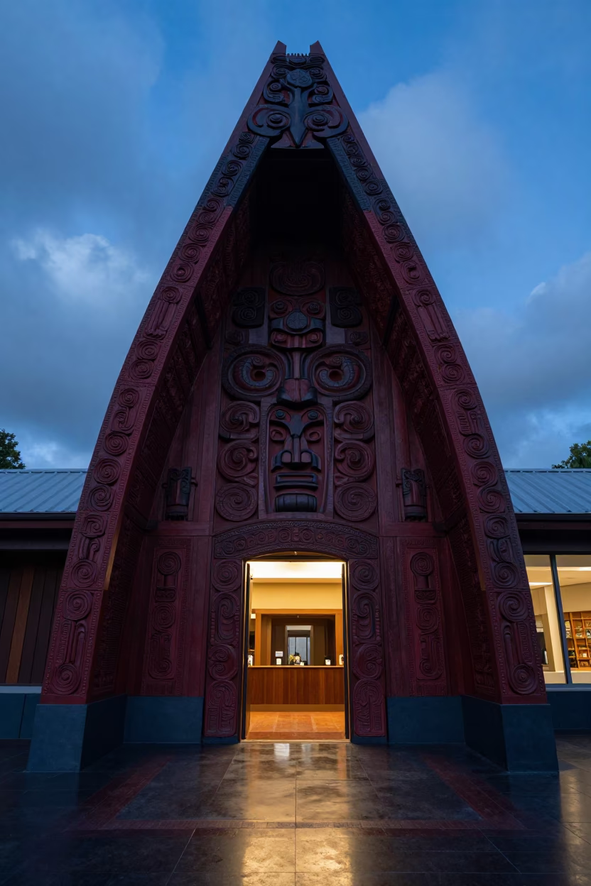 Maori Meeting House Entrance at Blue Hour in inside a vaulted atrium in Auckland
