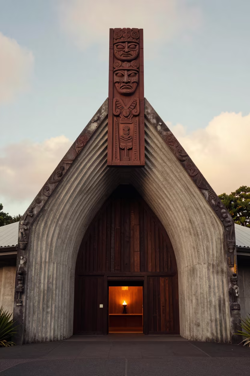 Maori Meeting House Entrance in Concrete Lobby in inside a ribbed concrete lobby in Grey Lynn, Auckland