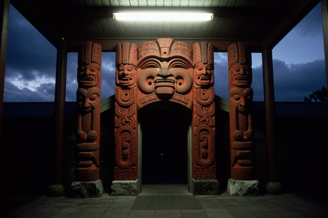 Maori Meeting House Entrance in Predawn Fluorescence in inside a skylit passageway near Rotorua