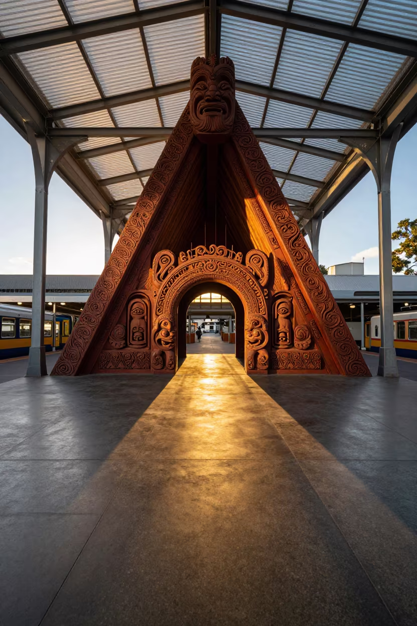 Maori Meeting House Entrance Sunset Train Terminal in inside a restored train terminal near Auckland