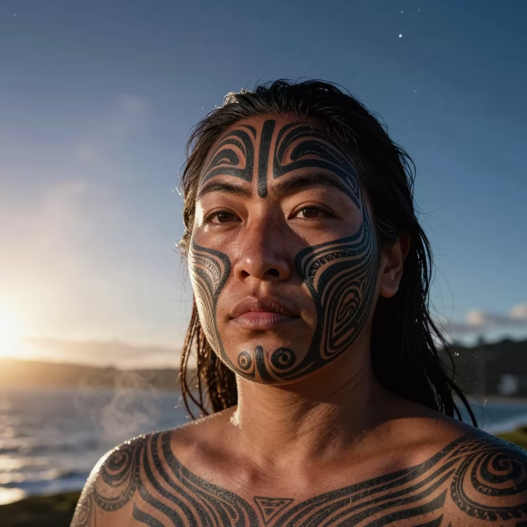 Maori Woman Ta Moko Nautical Dawn Portrait in in Wellington
