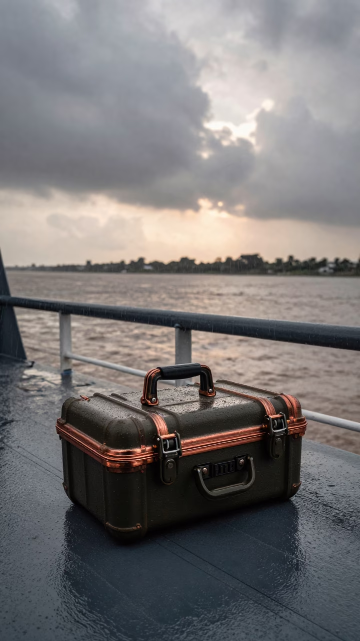 Map Case on Naval Deck in Copper Monsoon Light in on a naval deck in rough wind near Riverside, Phnom Penh
