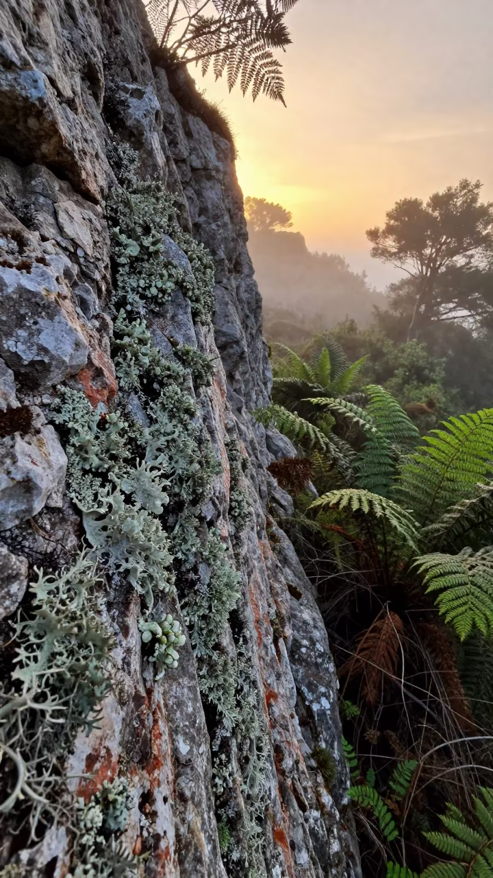 Map Lichen on Rock in Balearic Evening Light in on a fern-lined forest floor in the Balearic Islands