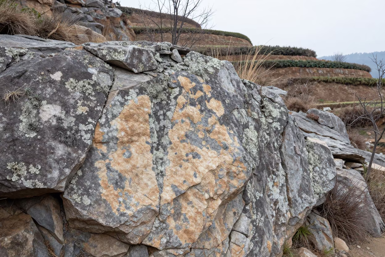 Map Lichen on Rock Face Nagaland Terraced Garden in among terraced garden plots in Nagaland