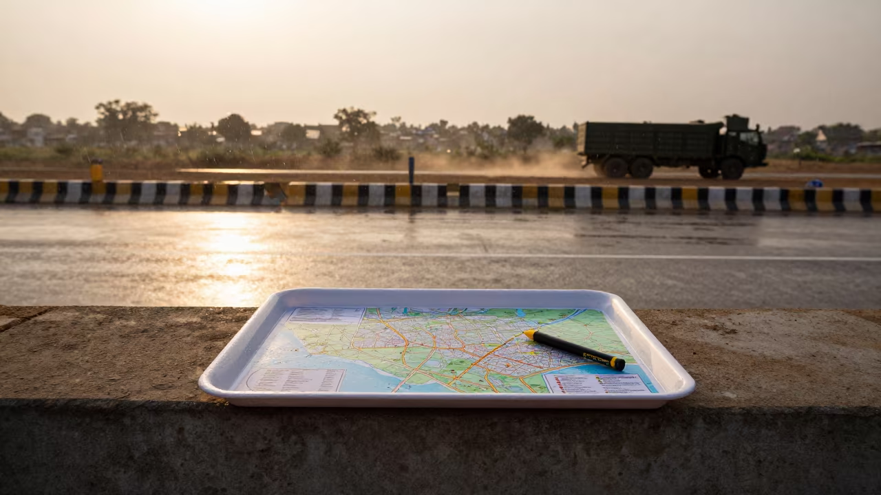 Map Overlay Grease Pencil Tray at Bhiwandi Checkpoint in at a checkpoint lane near Bhiwandi