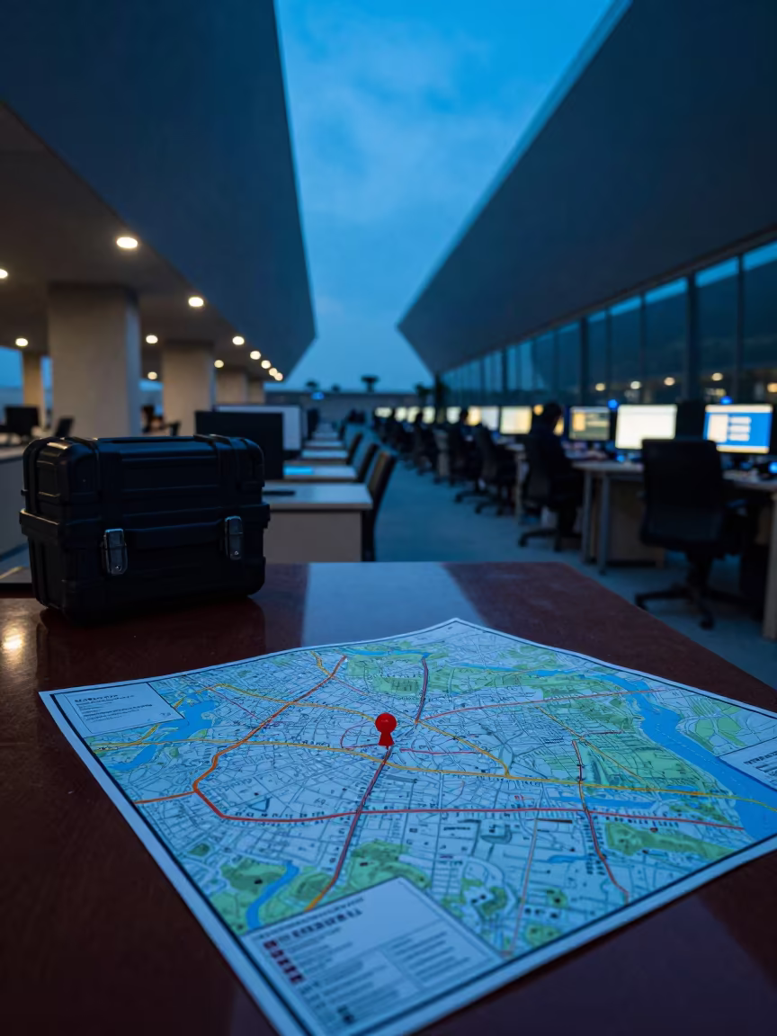 Map Pin Case in Tehran Operations Center Twilight in in an operations center under monitor glow near Tabiat Bridge, Tehran