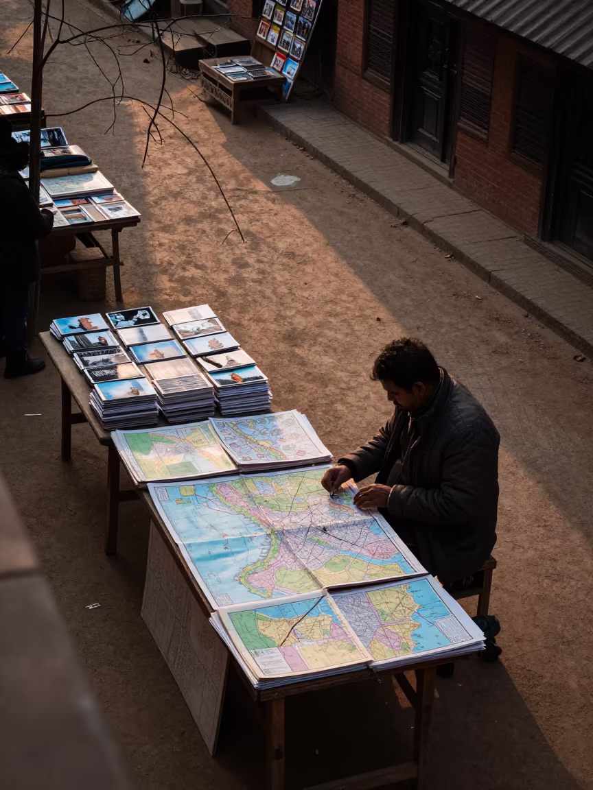Map Seller in Bhaktapur Flea Market Winter in in a flea market lane in Bhaktapur