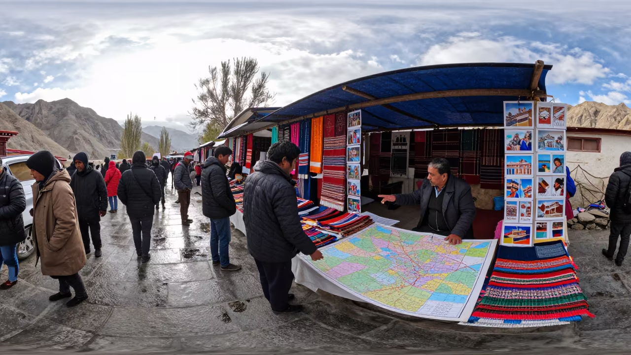 Map Seller at Leh Flea Market in Spring Light in at a textile trader's stall in Leh