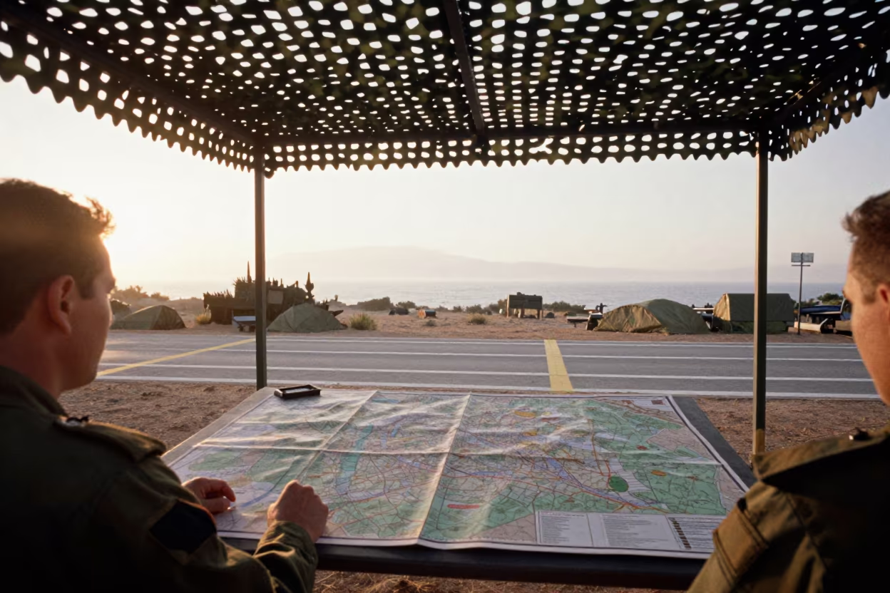 Map Table Under Camouflage Net in Early Morning Light in beneath a camouflage net shelter in Catalonia