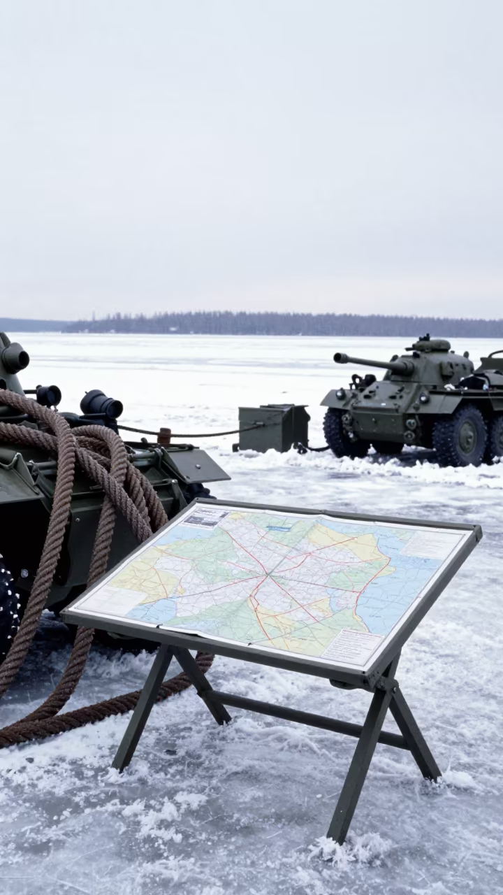 Map Table Near Salt-Stiff Hawsers in Early Winter in beside a convoy halt on open ground near Kazan
