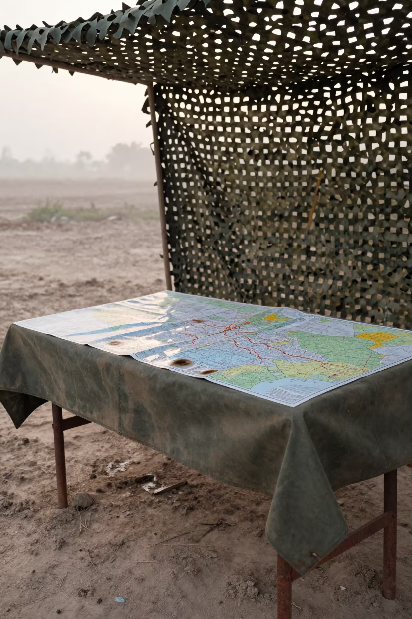 Map Table Under Camo Net in Iraq Mist in beneath a camouflage net shelter in Iraq