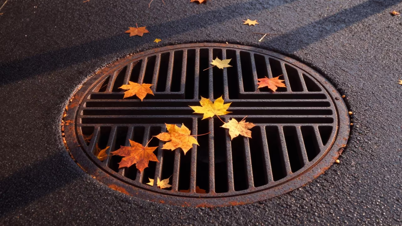 Maple Leaves Swallowed by Storm Drain in Ghent in across a windy overpass interchange in Sint-Pieters, Ghent
