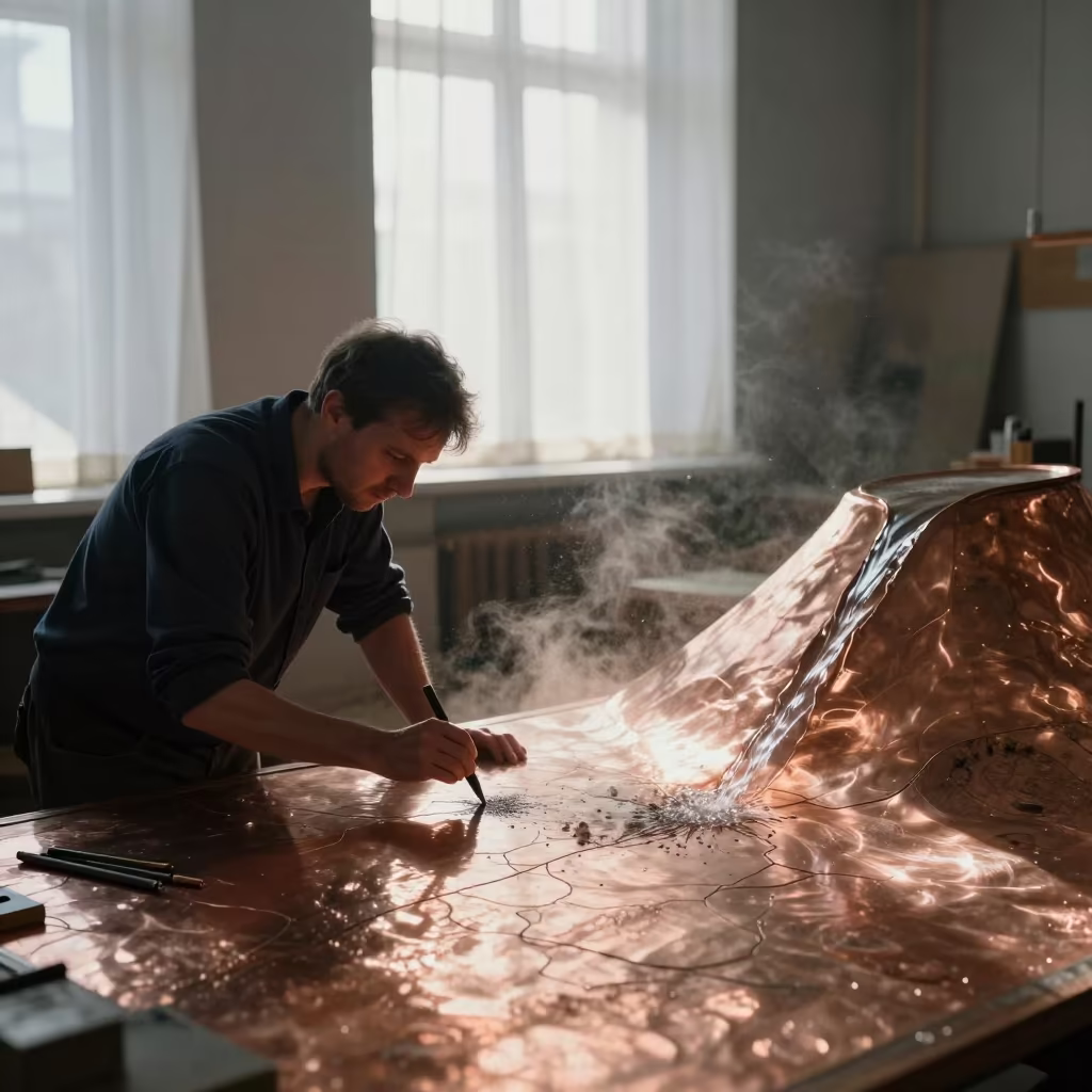 Mapmaker Stippling Copper Plate in Kaunas in on a painted display ledge near Kaunas