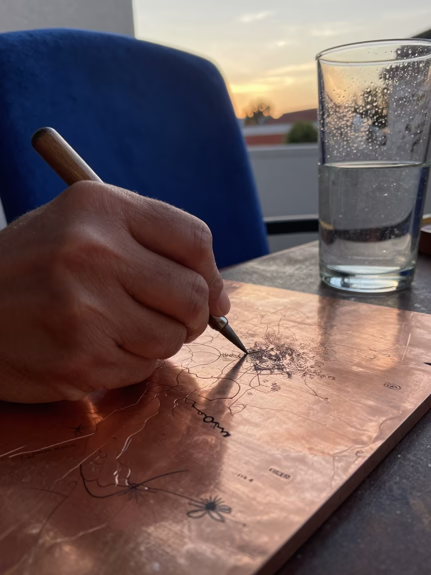 Mapmaker Stippling Copper Plate Near Tijuana in on a velvet chair near Tijuana