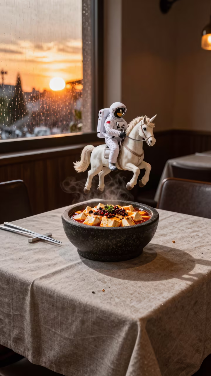 Mapo Tofu Astronaut Unicorn Surreal Lunch in on a linen-covered restaurant table in Guanajuato