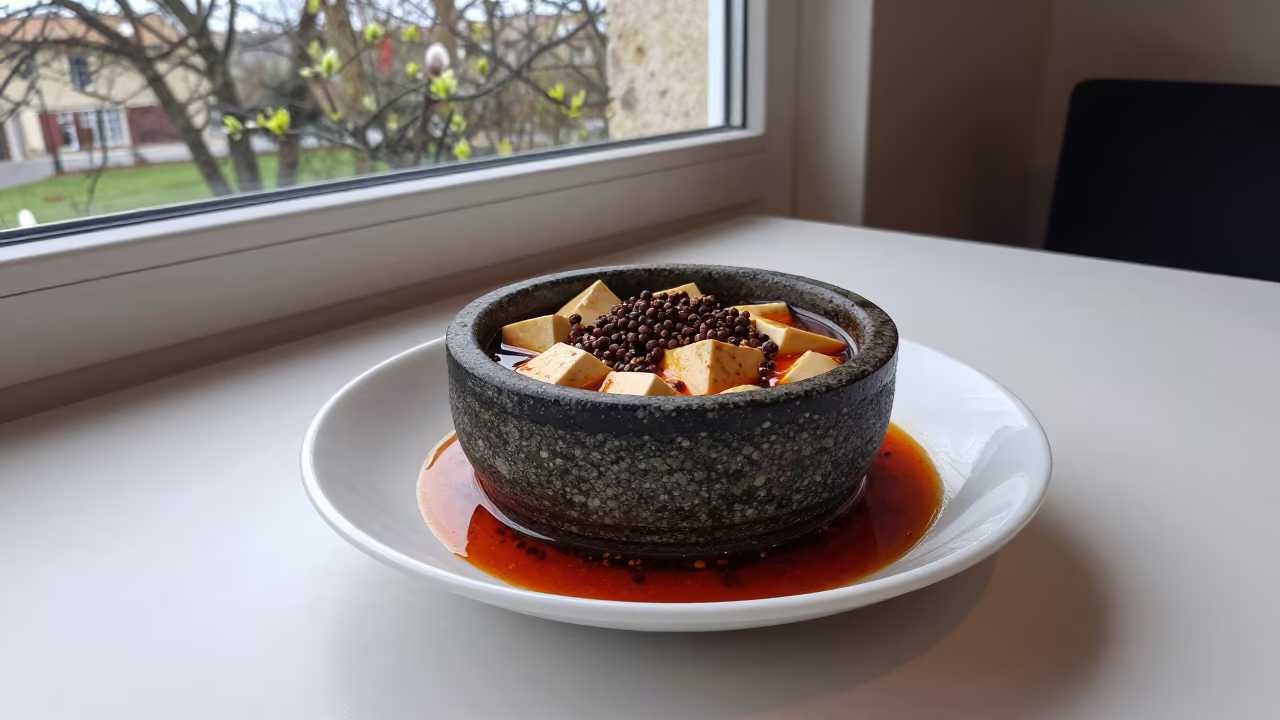 Mapo Tofu with Sichuan Pepper in Aix Window Light in on a ceramic plate by a window in Aix-en-Provence