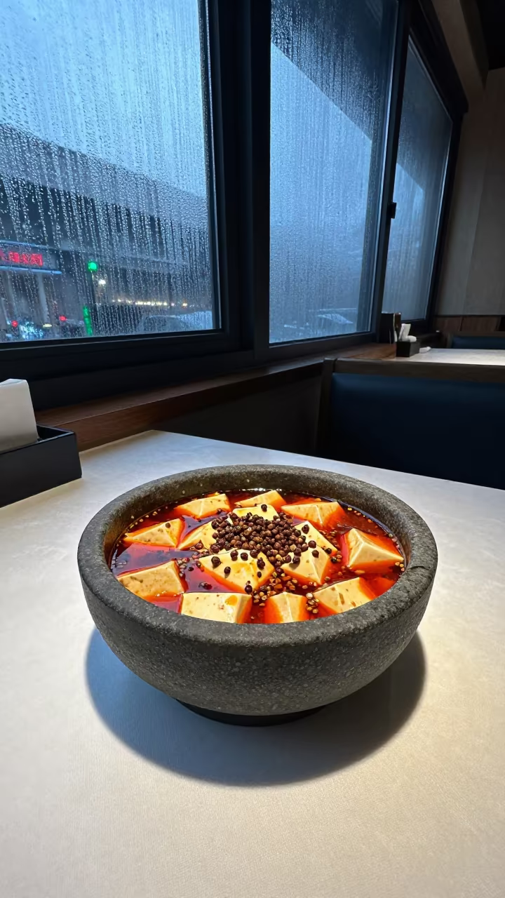 Mapo Tofu in Stone Pot with Sichuan Pepper in on a linen-covered restaurant table in Aba