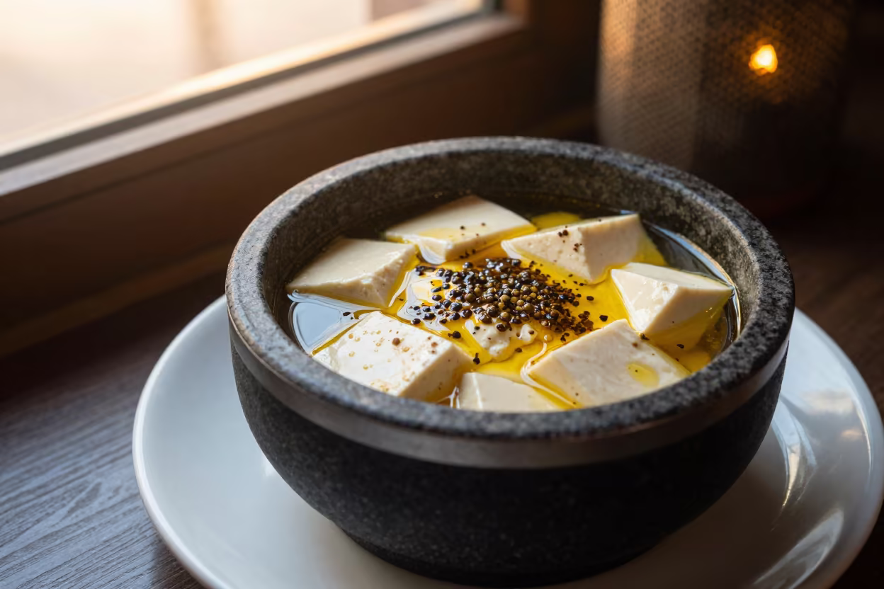 Mapo Tofu Stone Pot Window Light Yaounde in on a ceramic plate by a window in Yaounde