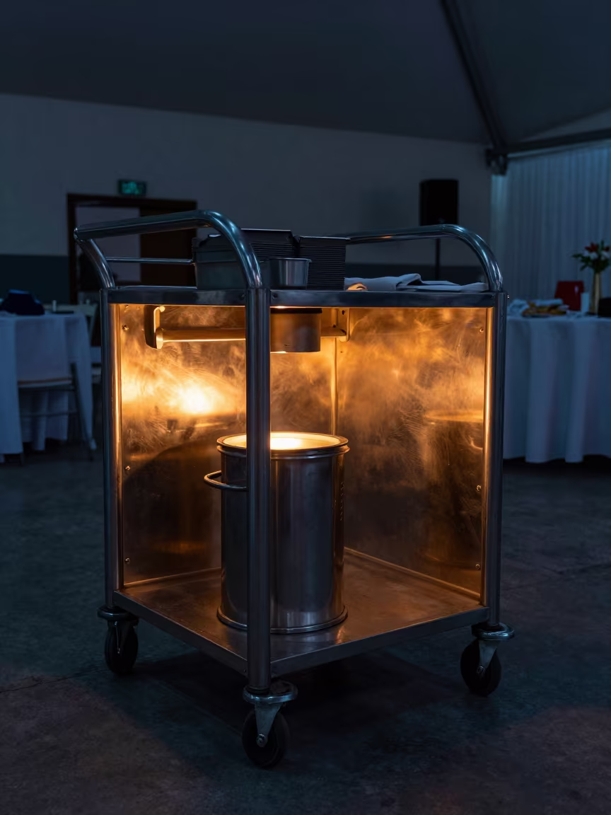 Maputo Banquet Hall Air Filter Cart Predawn in inside a banquet hall before service near Maputo