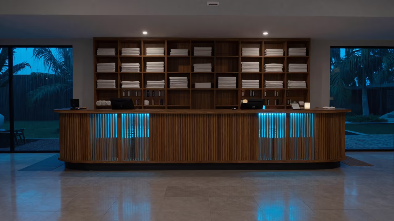 Maputo Spa Waiver Shelf Neon Blue Hour in inside a spa reception in Maputo