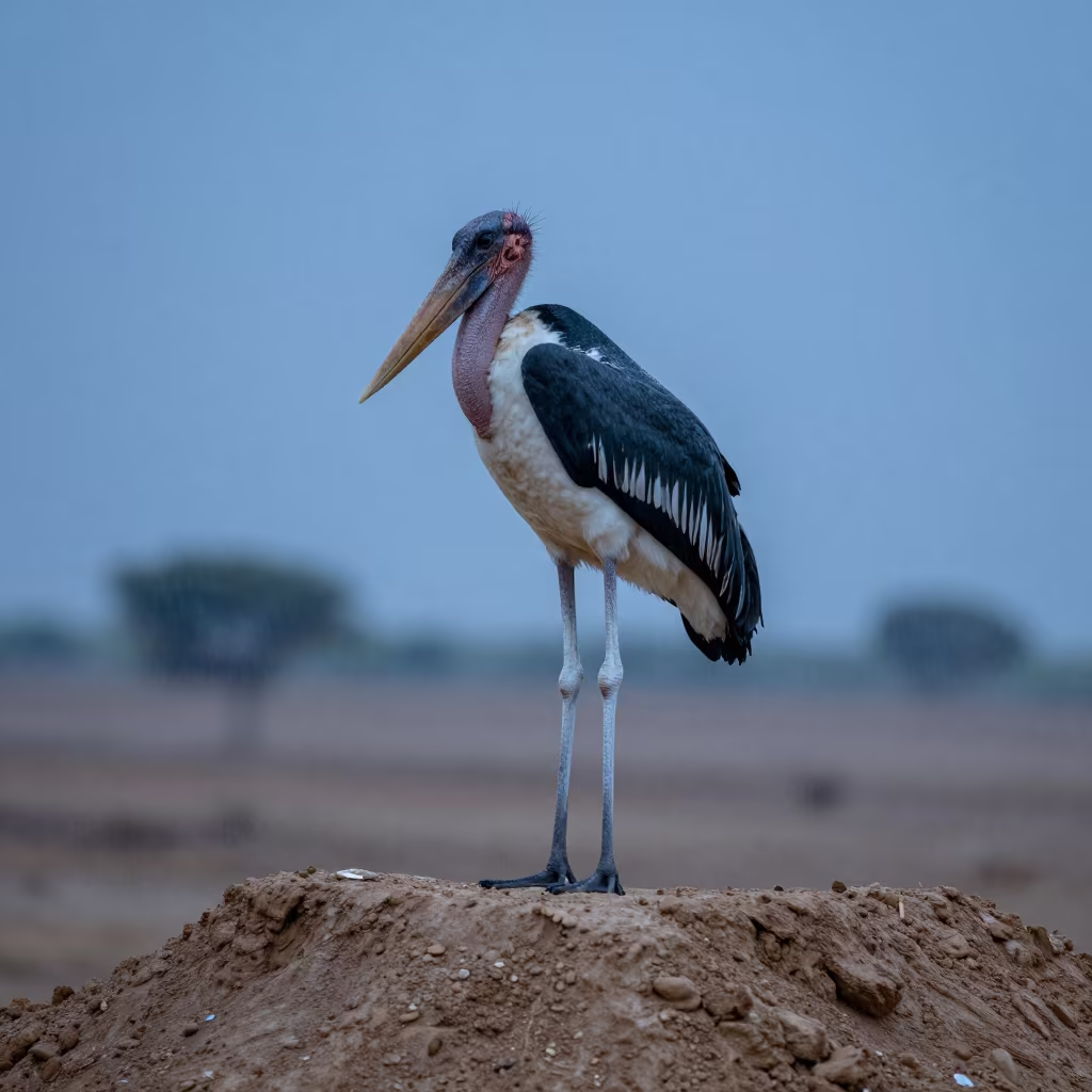 Marabou Stork on Ridge Amidst Summer Rain in on a wind-scoured ridge in Iran